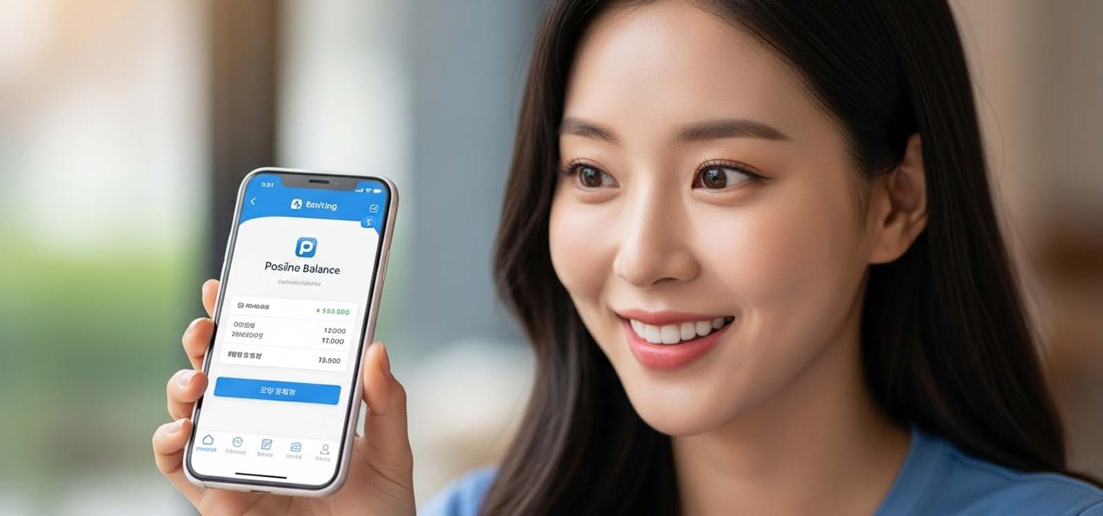 스마트폰으로 적금 금액을 확인하며 기뻐하는 모습