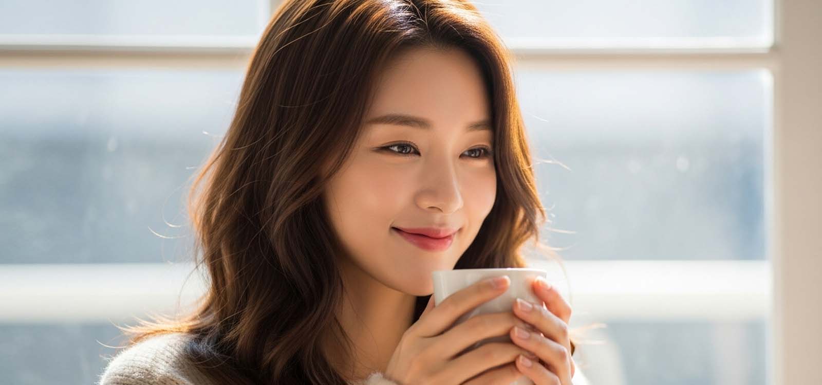 커피 한 잔 들고 미소 짓는 모습