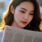 신문 기사를 집중해서 읽는 모습
