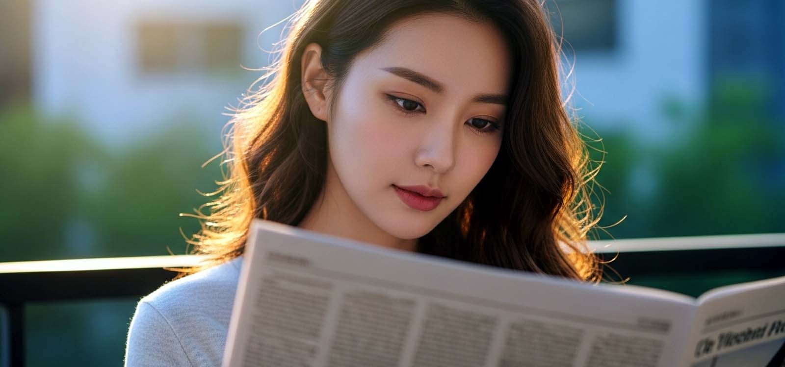 신문 기사를 집중해서 읽는 모습