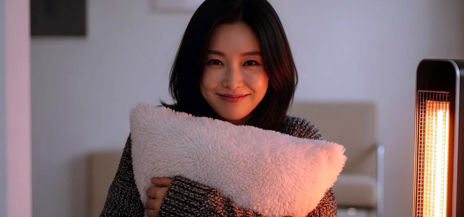 히터 옆에서 쿠션을 안고 있는 장면