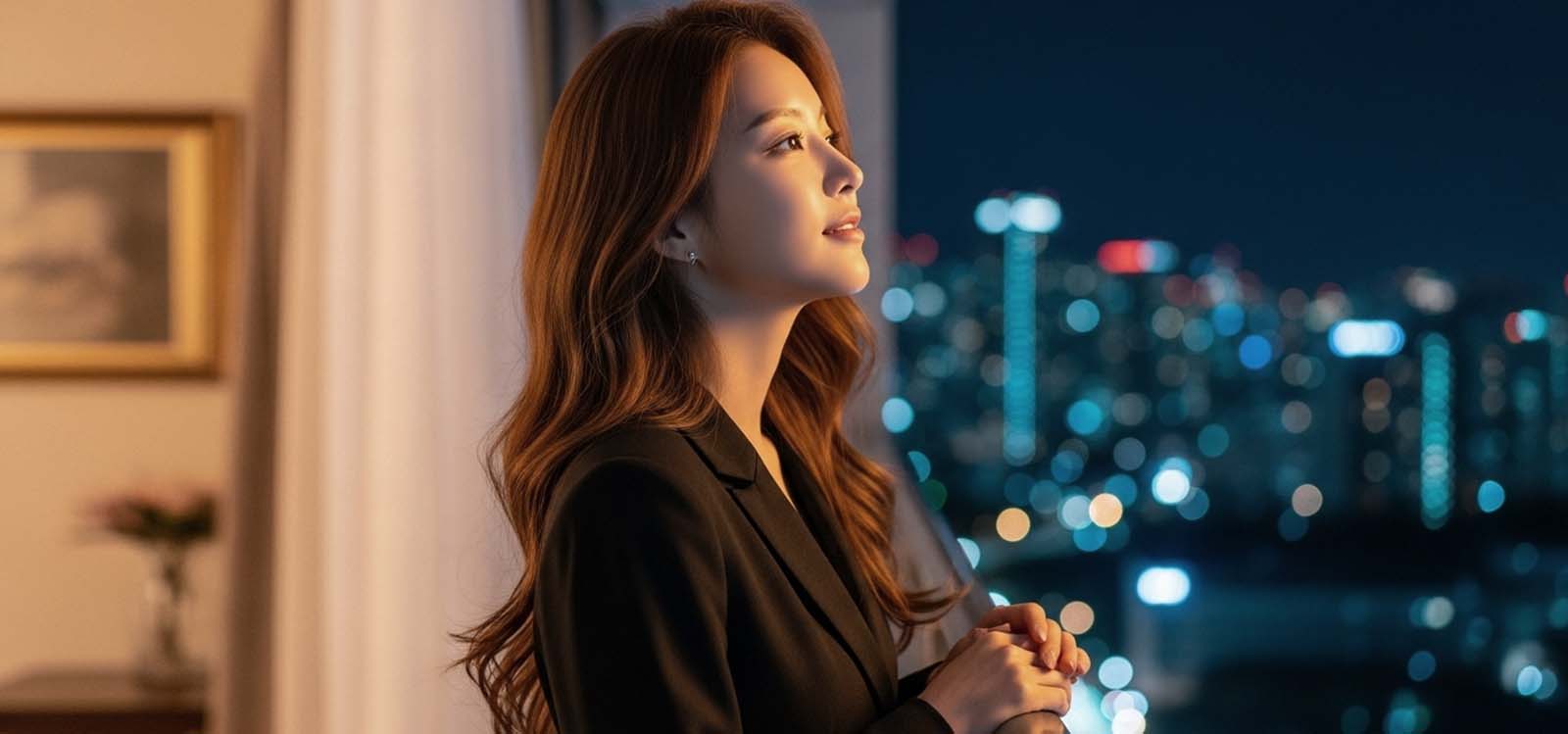 저녁 발코니에 서서 밖을 보는 여자