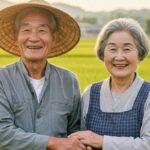 논 앞에서 손잡고 미소 짓는 농지연금 받은 노부부.