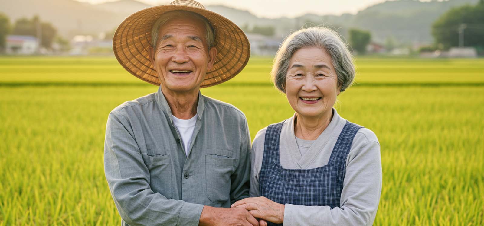 논 앞에서 손잡고 미소 짓는 농지연금 받은 노부부.