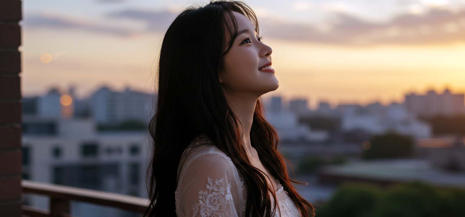 발코니에서 하늘을 바라보며 미소 짓는 모습