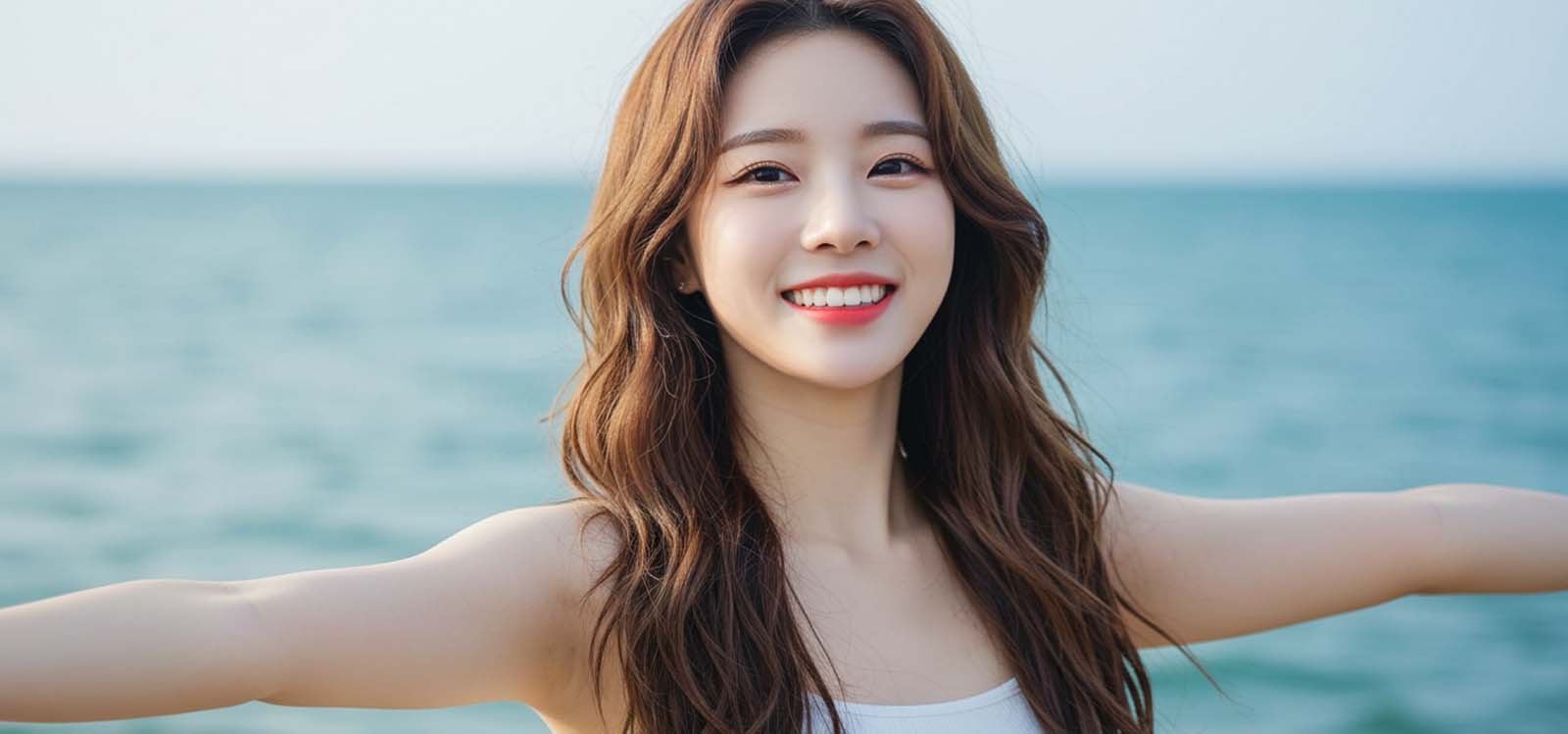 바다 앞에서 팔을 벌리고 새 출발을 다짐하는 모습