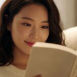 책을 읽으며 차분히 미소 짓는 여성