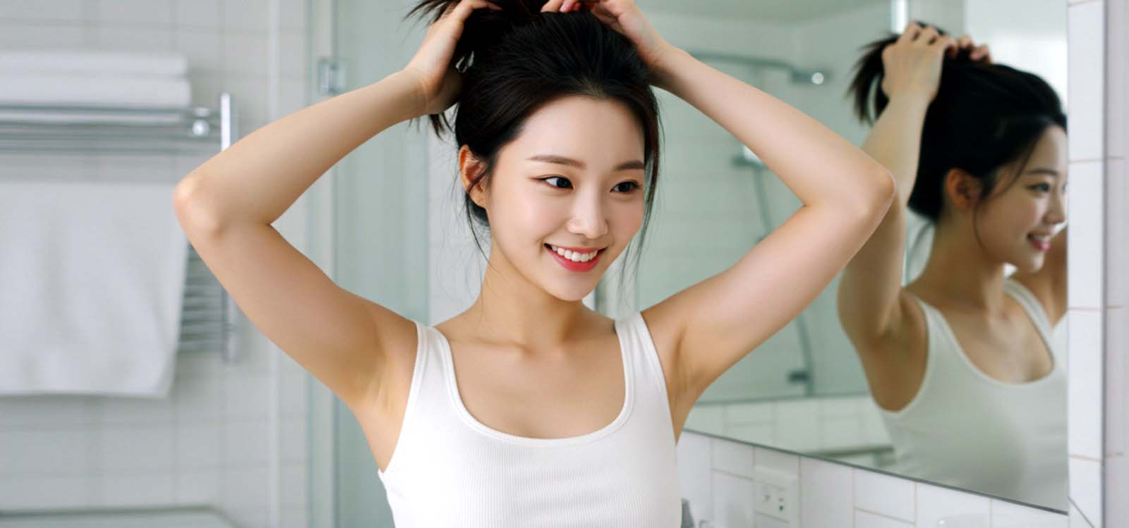 세면대 앞에서 머리를 묶으며 준비하는 모습
