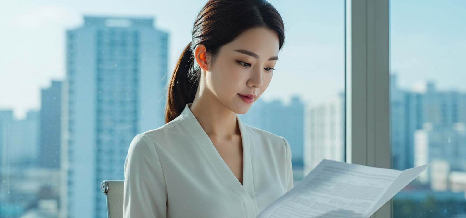 사무실 창가에서 서류를 검토하는 장면