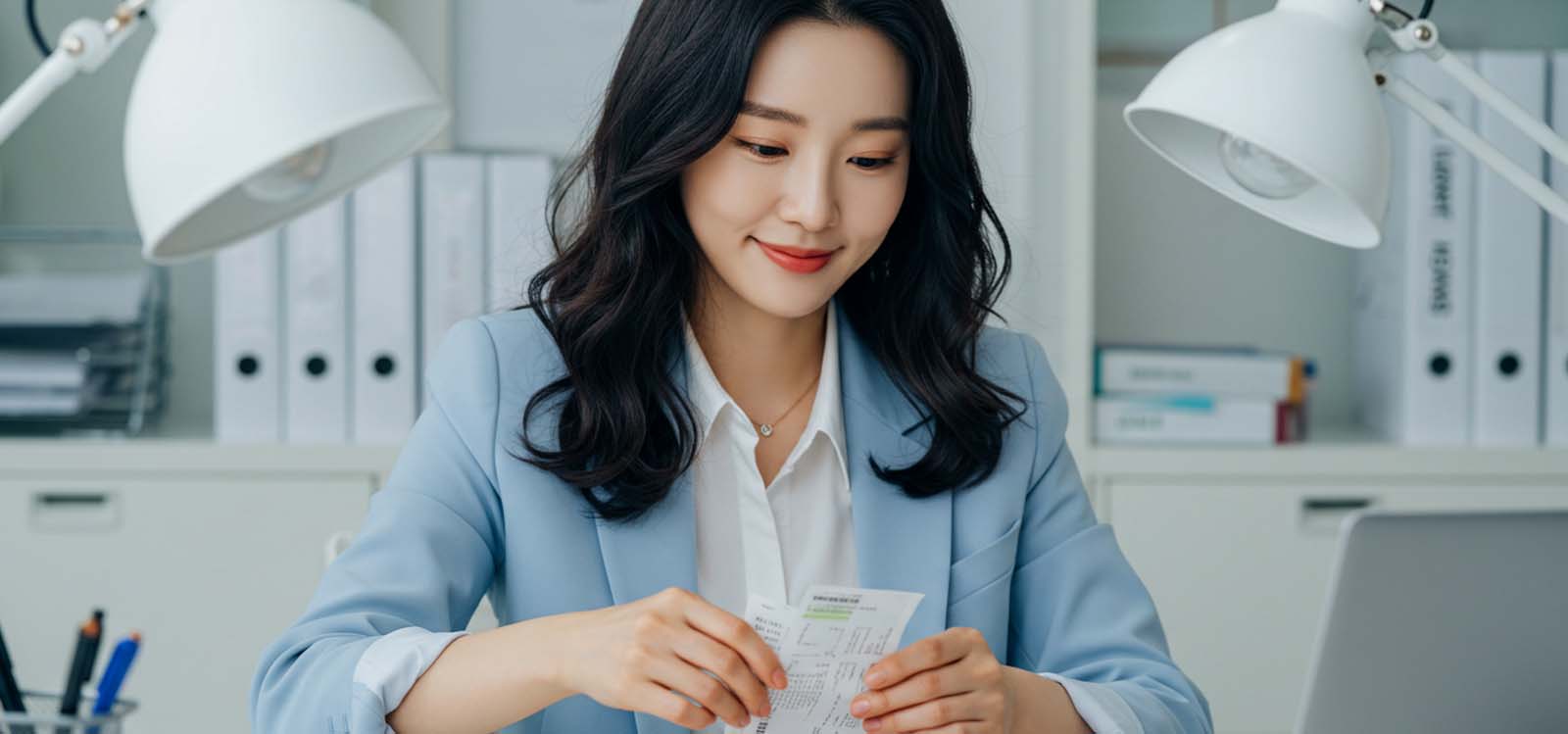 영수증을 정리하며 세금 공제 확인하는 모습