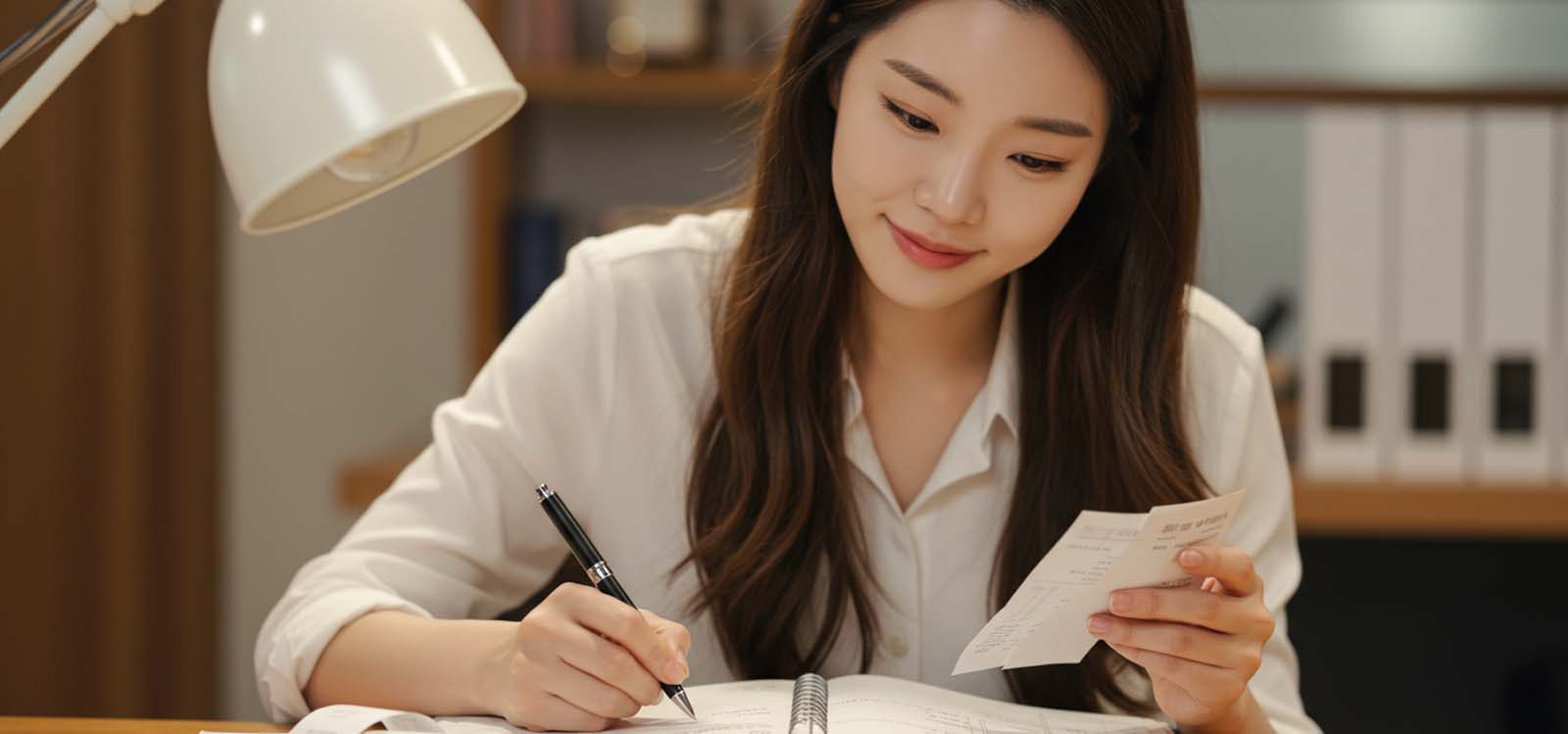 서류와 영수증을 정리하며 가계부를 작성하는 모습