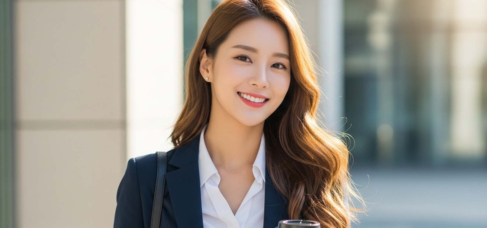 출근길에 커피를 들고 사무실로 들어가는 장면