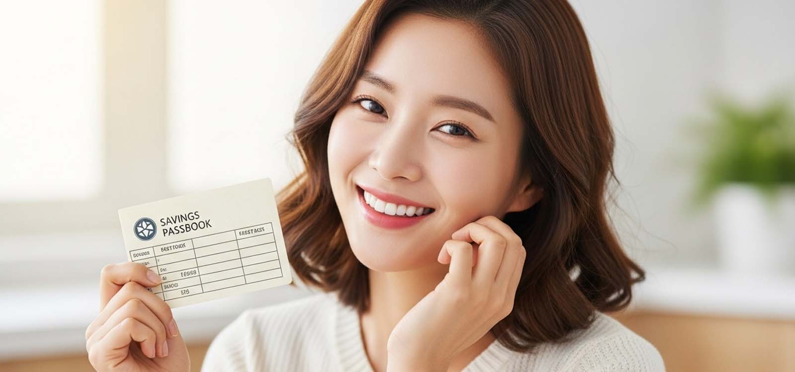 통장을 들고 미소 짓는 여자