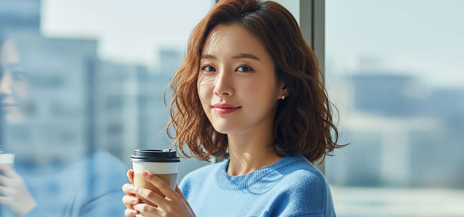 사무실 복도에서 커피 들고 걷는 모습