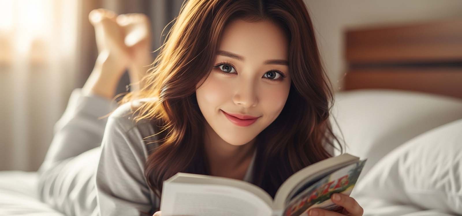 침대 위에서 독서 중인 모습