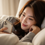 침대에 기대어 핸드폰을 보며 미소 짓는 모습
