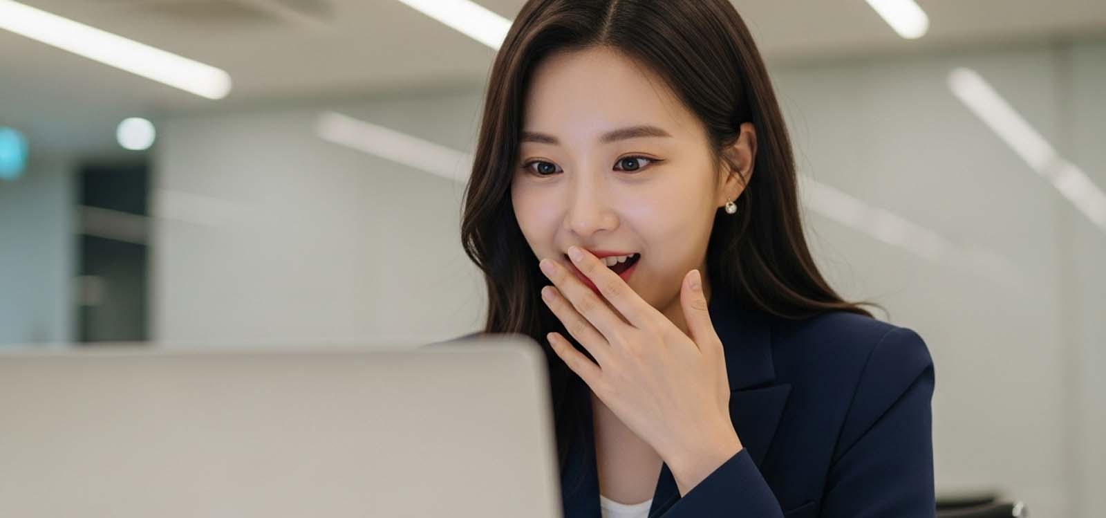 손으로 입을 가리고 놀란 표정을 한 여자