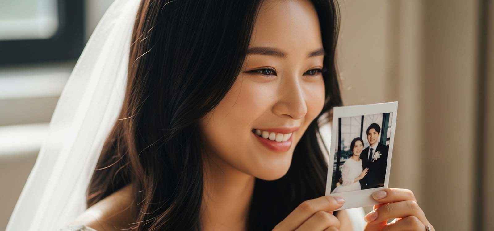 남편과 찍은 폴라로이드 사진을 들고있는 여자