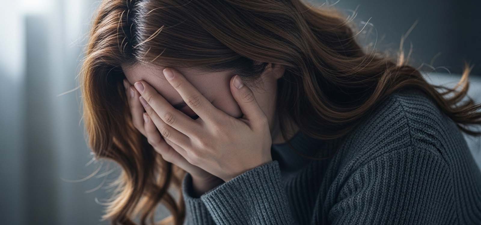 손으로 얼굴을 감싸며 절망한 듯 고개 숙인 모습