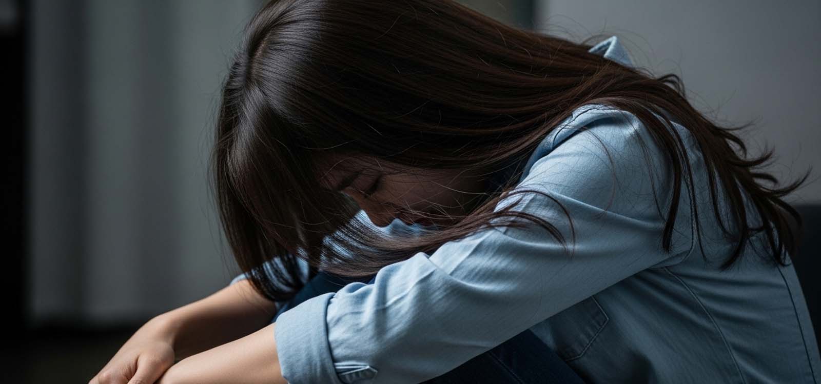 의자에 앉아 고개를 숙이고 머리카락이 얼굴을 덮은 여성