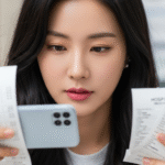 영수증을 정리하며 계산기 두드리는 모습