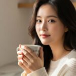 작은 주방에서 컵을 들고 생각에 잠긴 장면