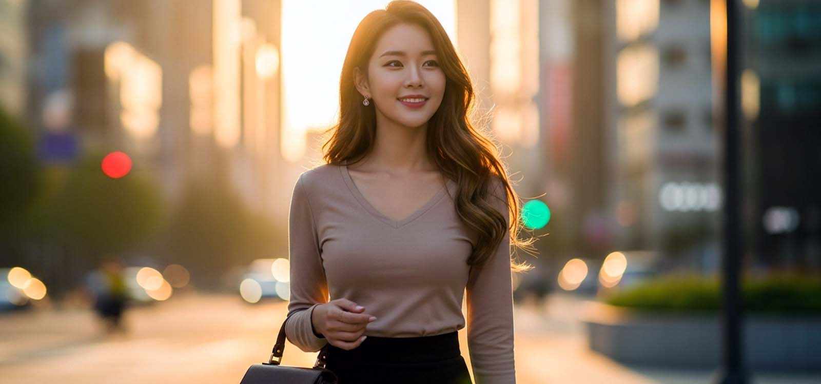 해질녘 거리를 걸으며 핸드백을 들고 있는 모습