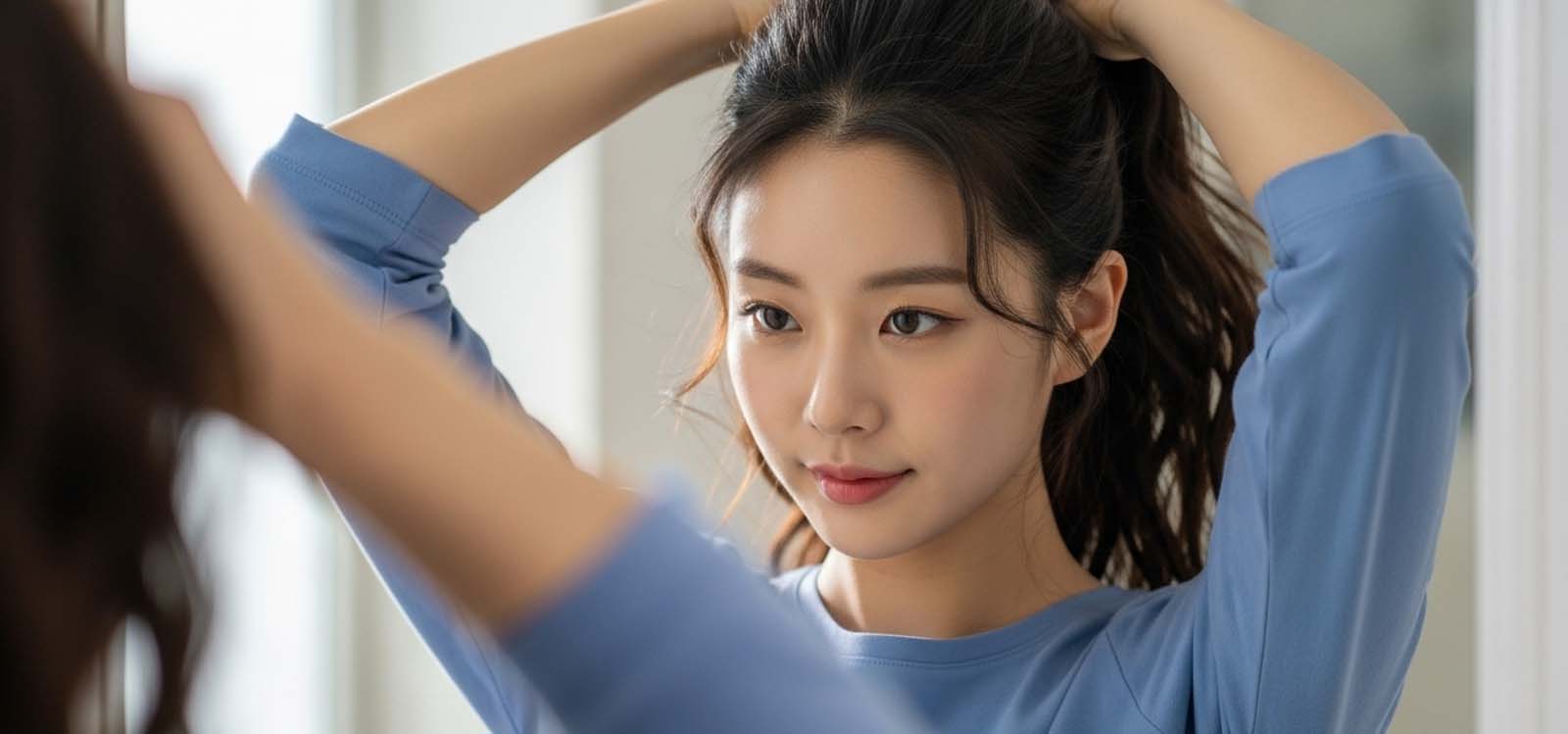 아침에 머리를 묶으며 거울을 보는 모습