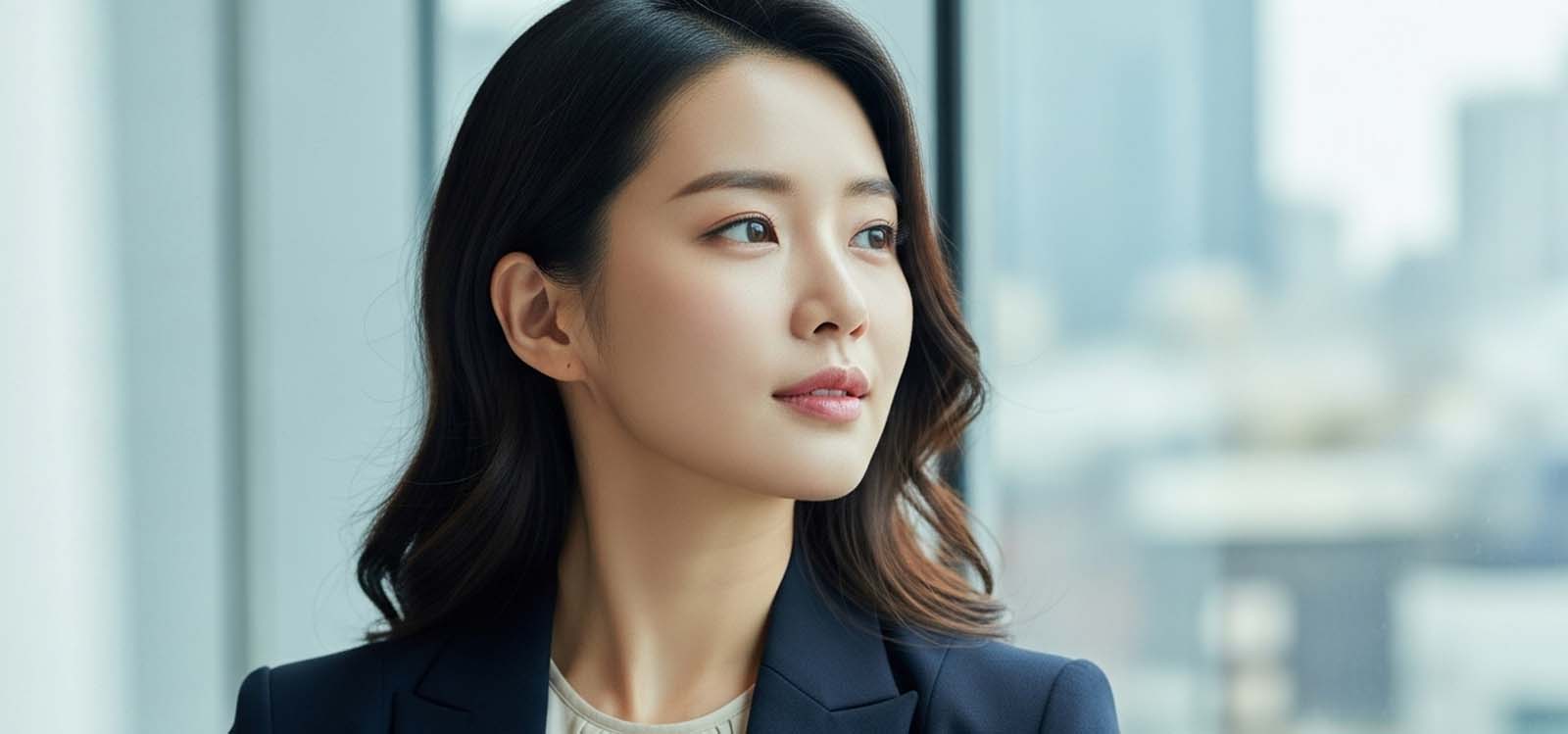 사무실에서 창밖을 바라보며 생각하는 모습