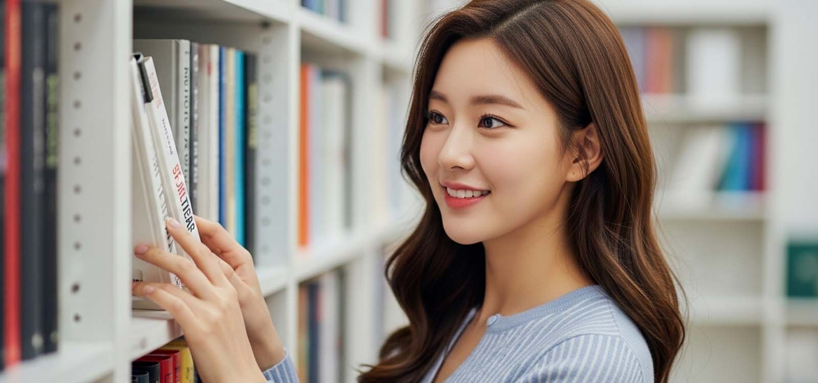 책장에서 책을 뽑는 여자