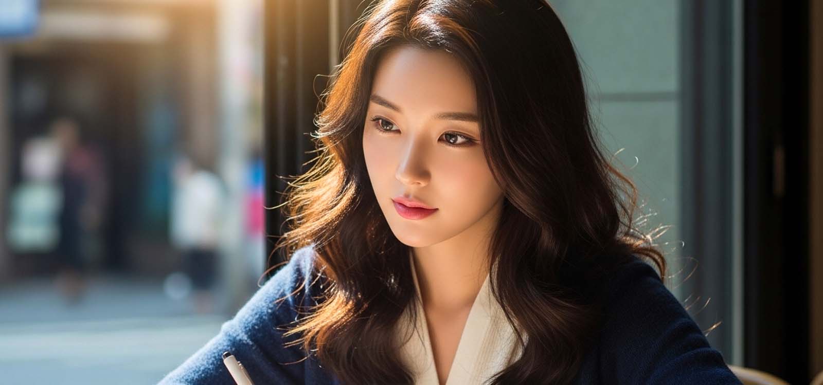 카페 창가에서 일기 쓰는 모습