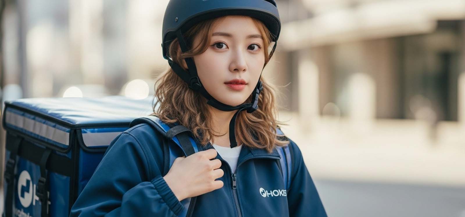 전동 킥보드 위에서 배달 가방 메고 출발 준비하는 모습