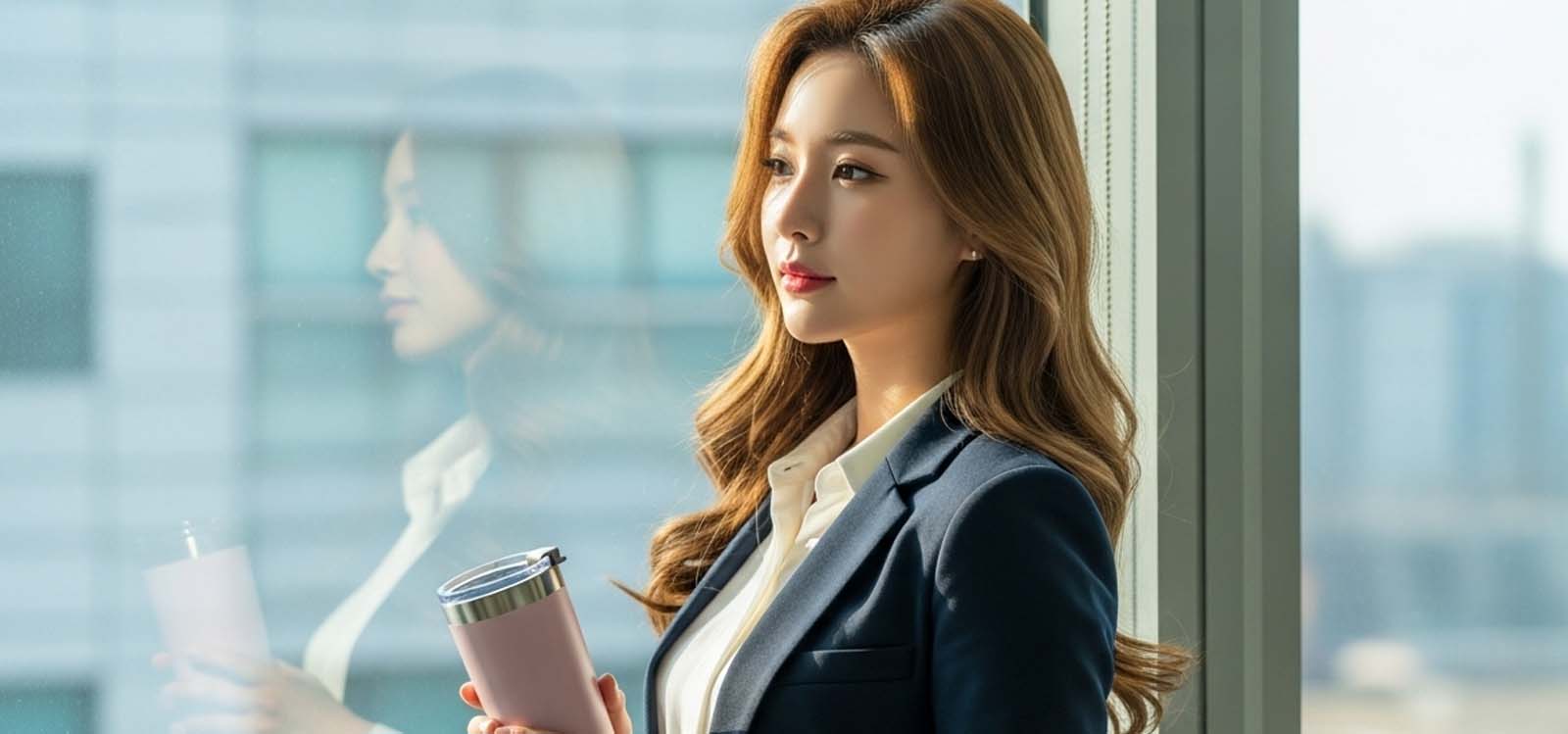 사무실 창가에서 커피 대신 텀블러를 들고 서 있는 장면