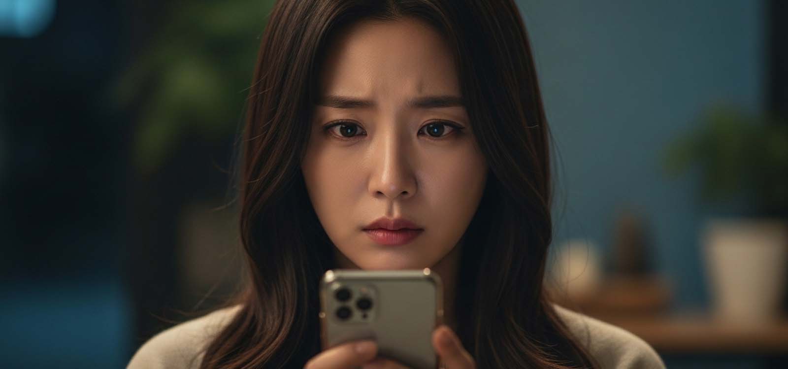 휴대폰 문자 내용을 보고 불안해하는 표정