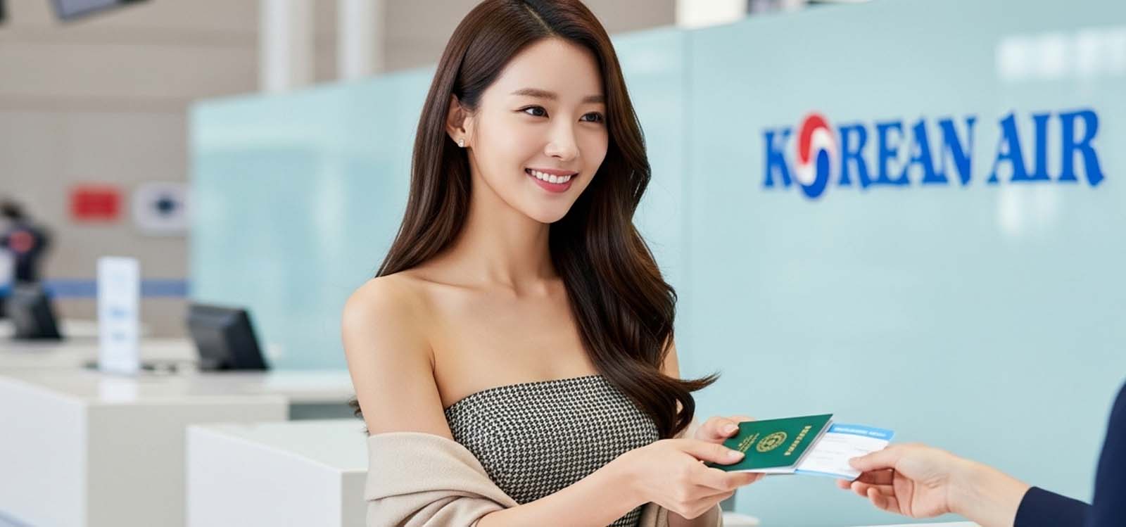 공항 체크인 카운터에서 여권과 항공권을 직원에게 건네는 장면