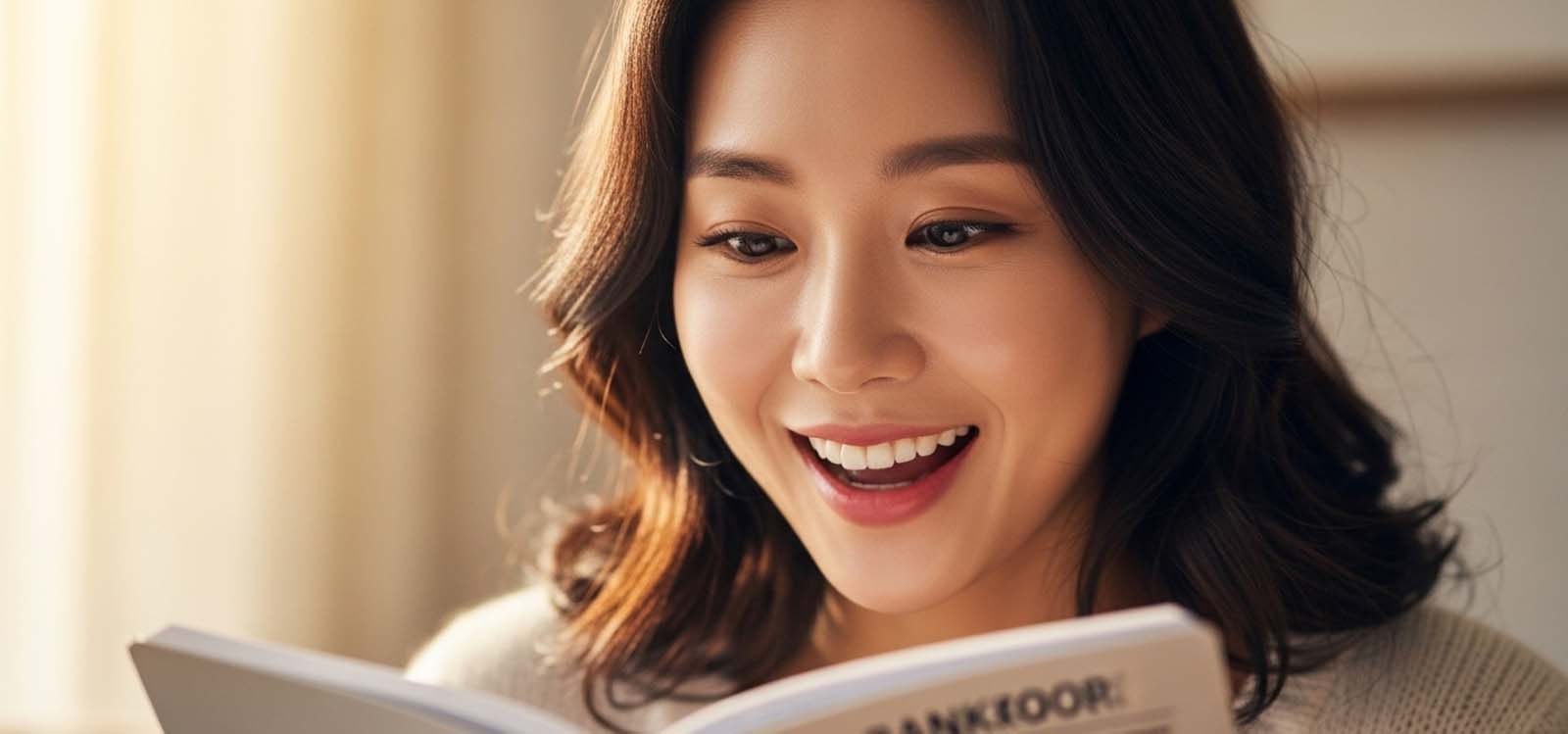 책을 보고 미소 짓고 있는 여자