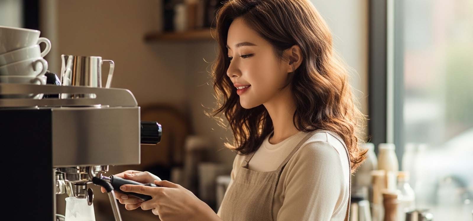 카페 사장으로 에스프레소 머신을 조작하는 장면