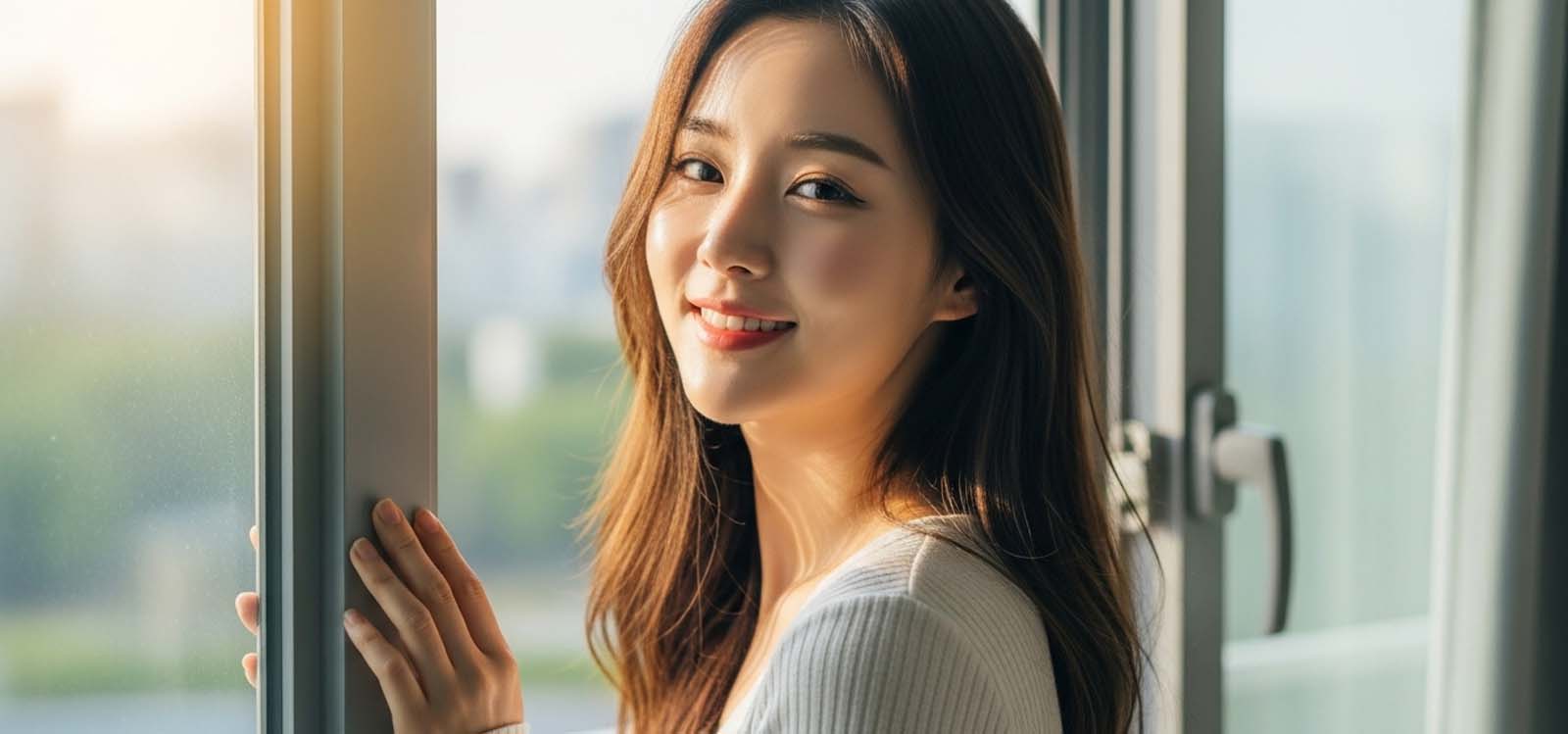 아침에 창문을 열고 햇살을 맞이하는 모습