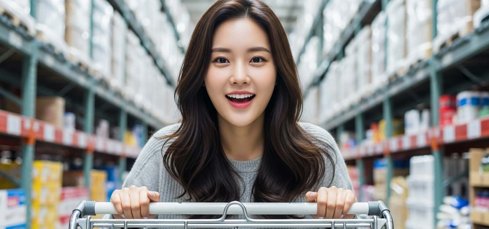 카트를 밀며 자연스럽게 미소 짓는 장면