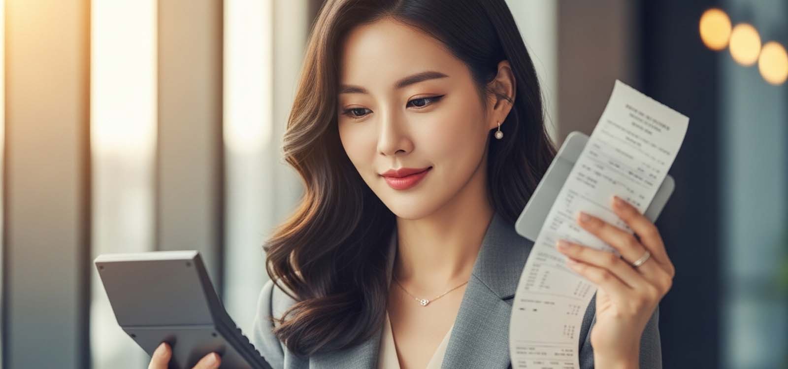 계산기와 영수증을 보며 절세 계획 세우는 장면
