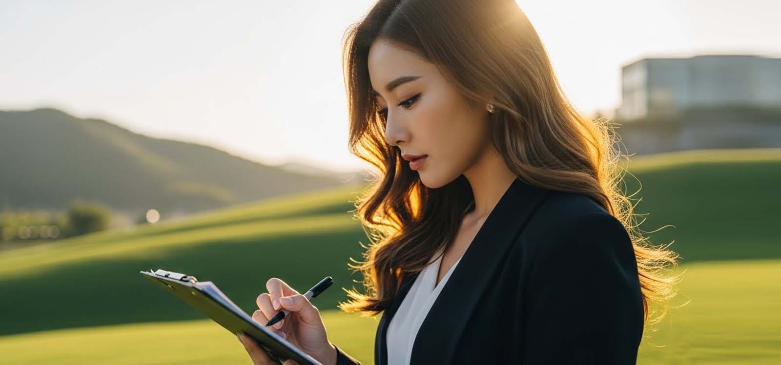 녹지에서 자료조사를 하고 있는 여자