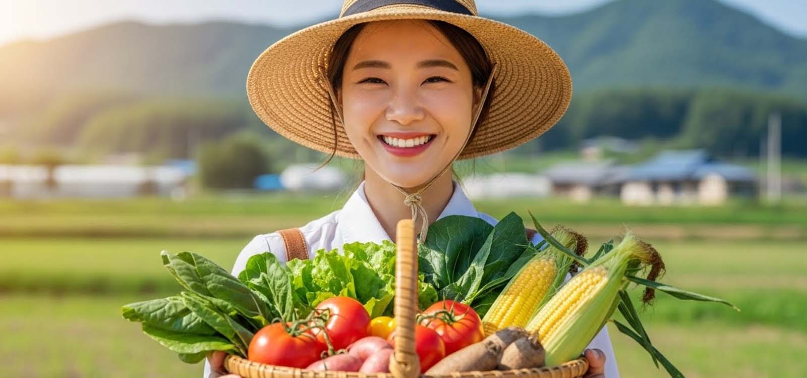 고향 농산물 바구니를 들고 환하게 웃는 장면