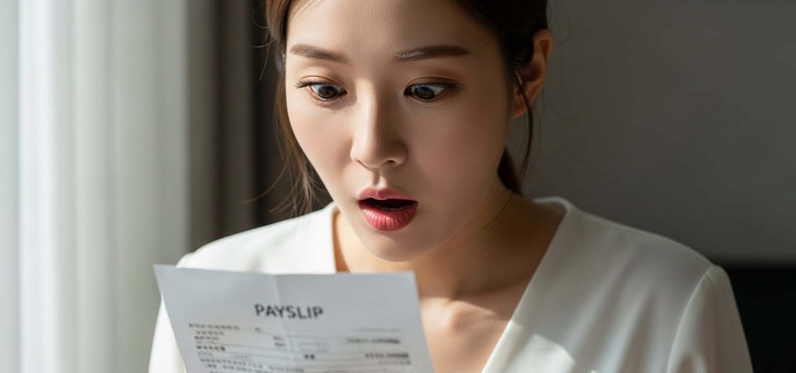 급여명세서를 보고 놀라는 여자