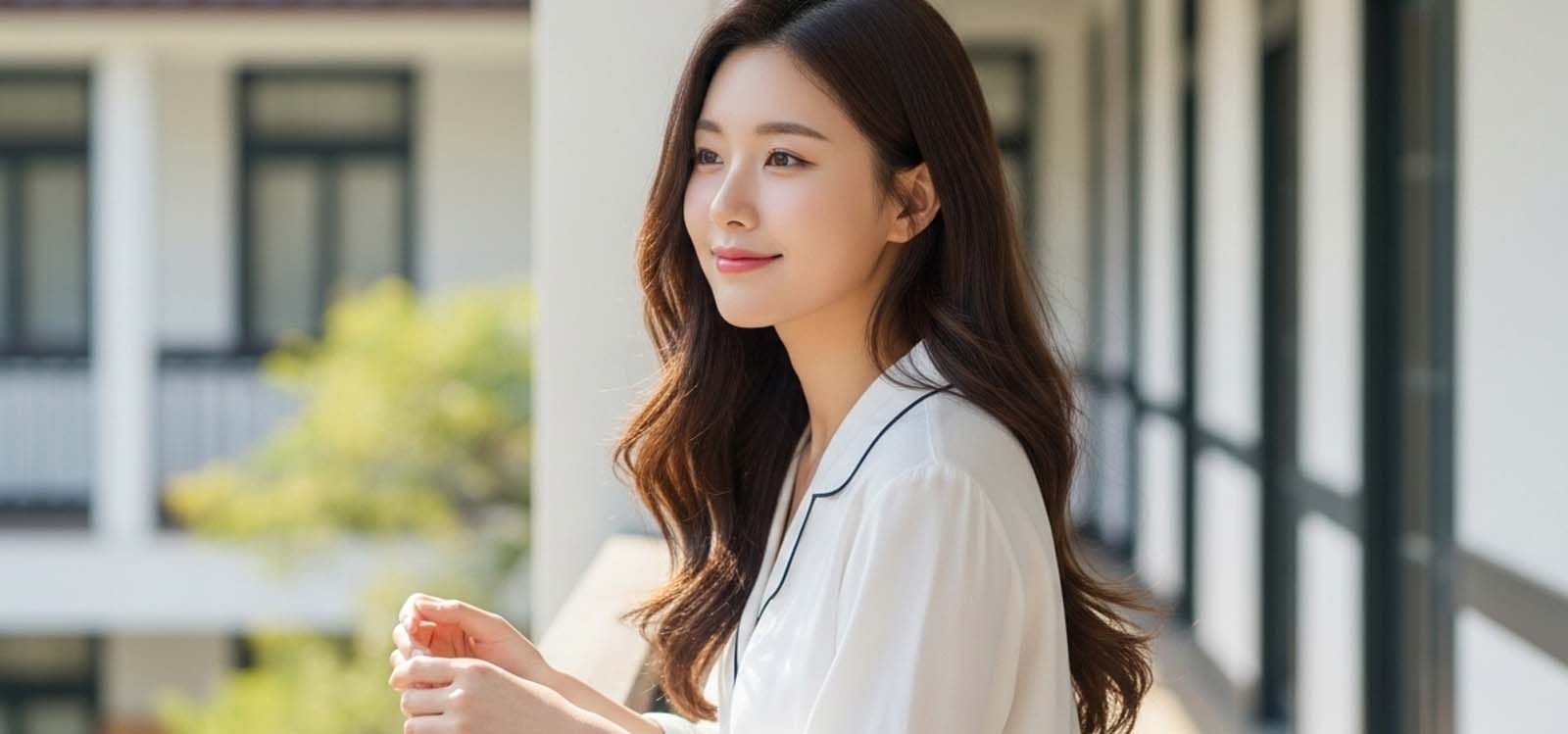 테라스 난간에 기대어 있는 모습