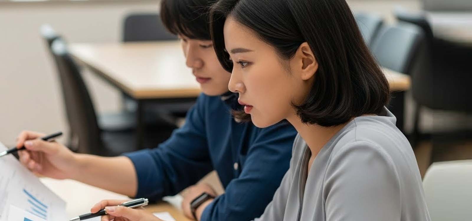 사람들과 서류 확인하는 여자