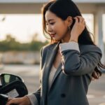 자동차 옆에서 주유건을 잡고 있는 모습