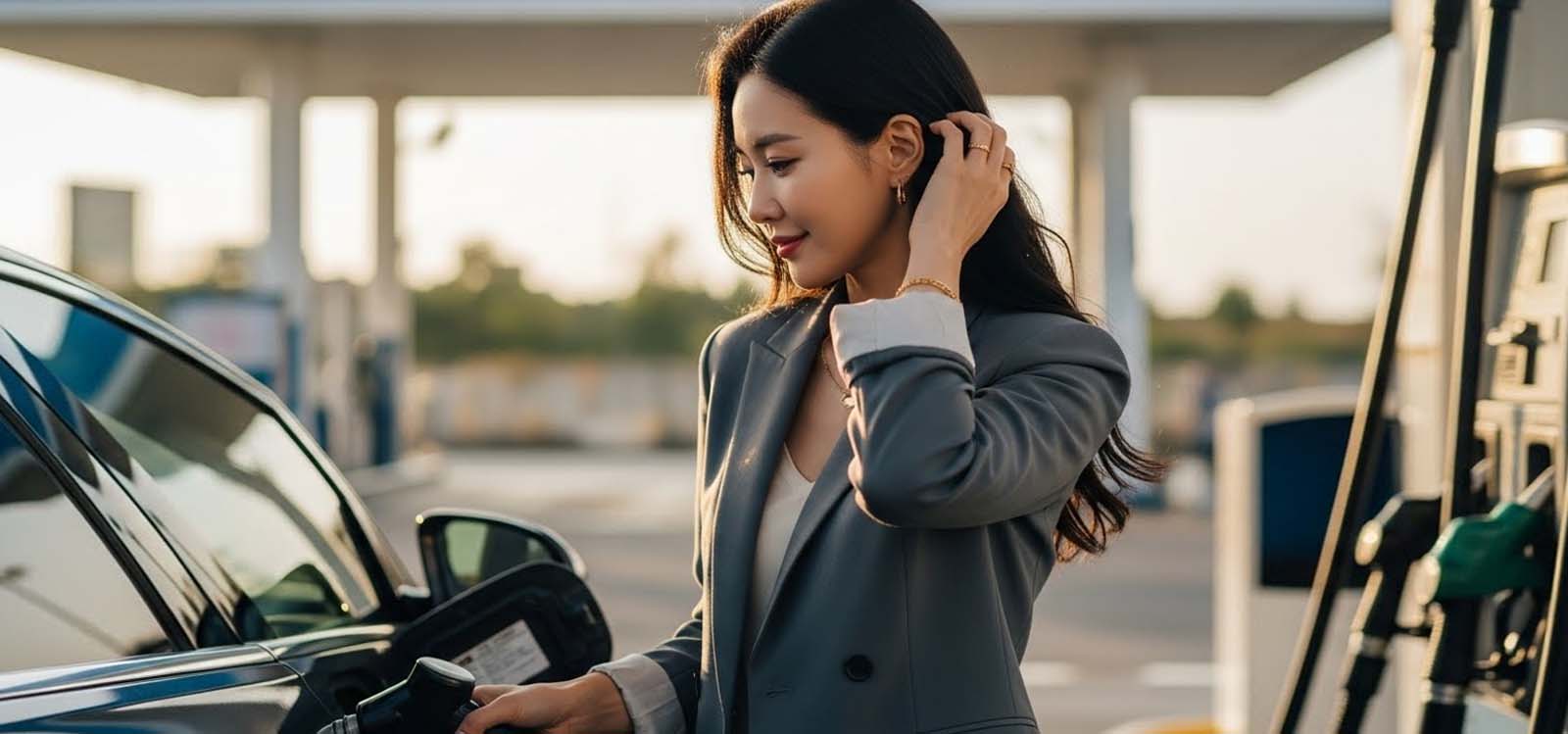 자동차 옆에서 주유건을 잡고 있는 모습