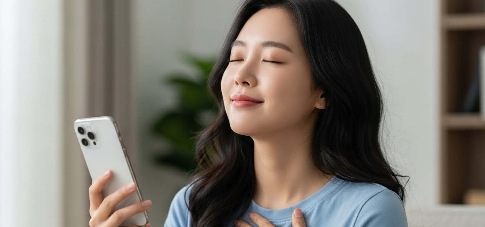 핸드폰을 들고 안도한 듯한 표정의 장면