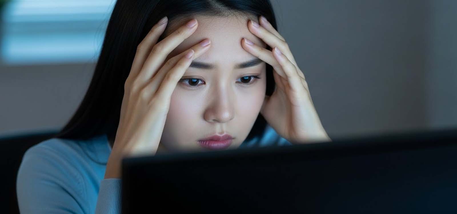 이마에 손을 대고 걱정하는 모습