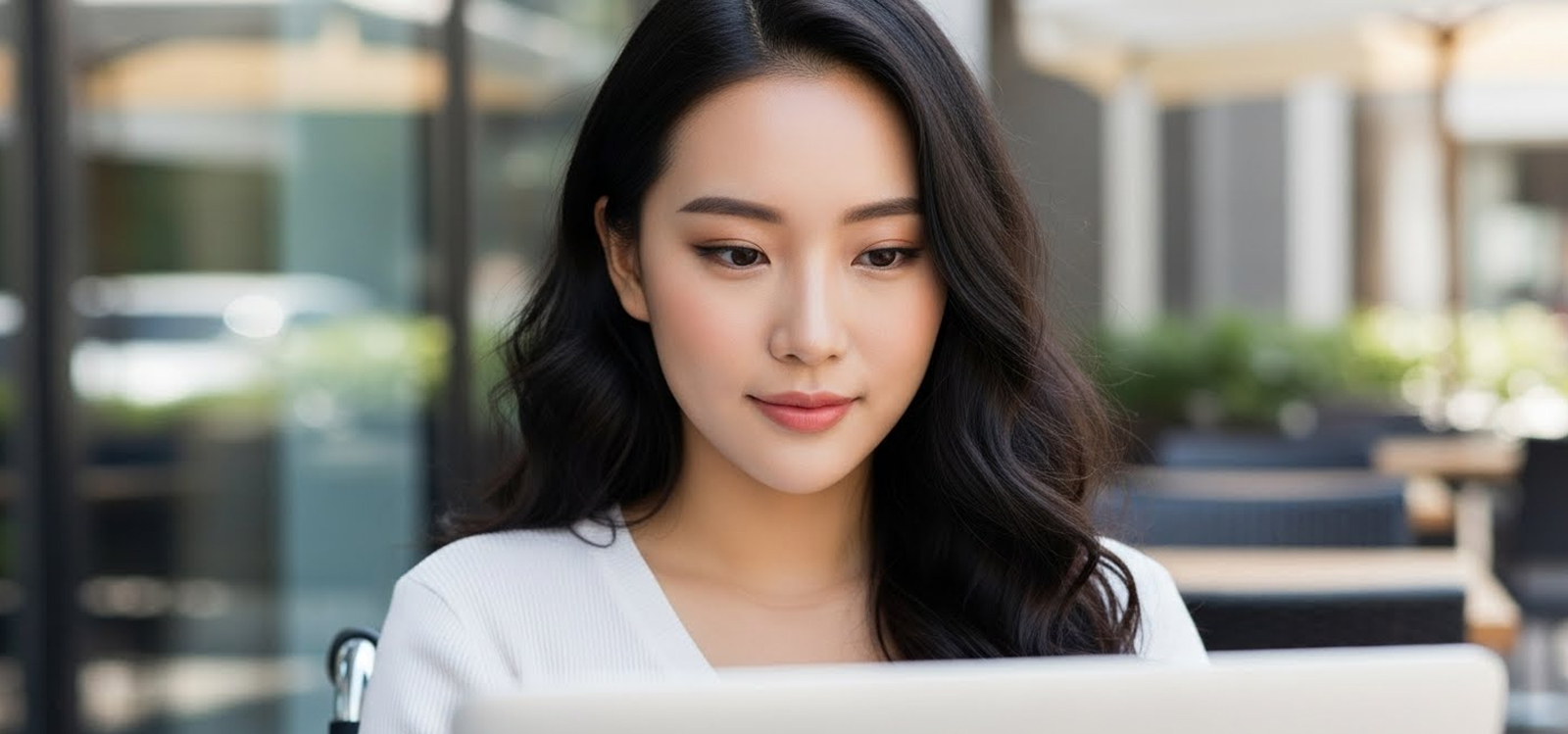 카페에서 노트북을 하는 장애인 여성